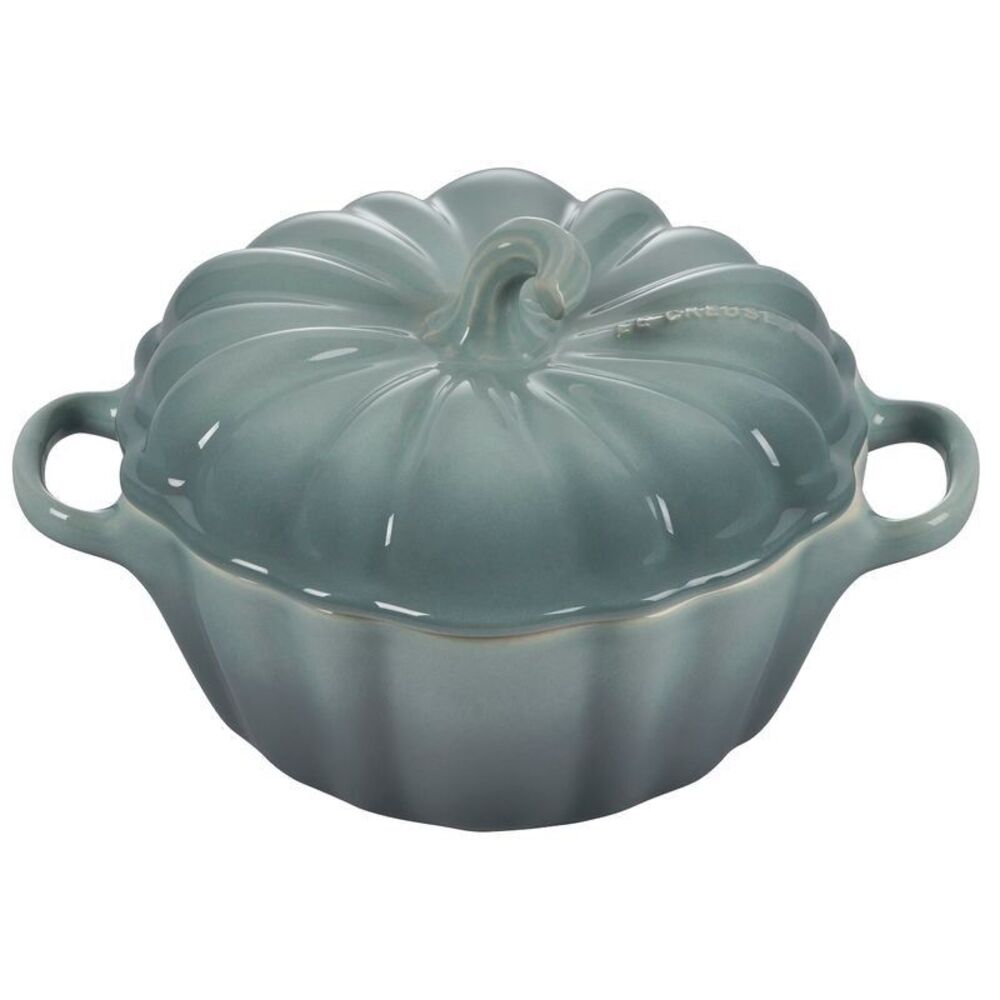 Le Creuset Stoneware Figural Pumpkin Mini Cocotte 12 oz Sea Salt Green NEW NIB